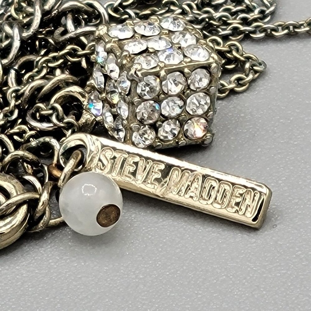 Steve Madden Signed Womens Rhinestone Cube Pendant Gold Tone Necklace 20 in - Picture 5 of 6